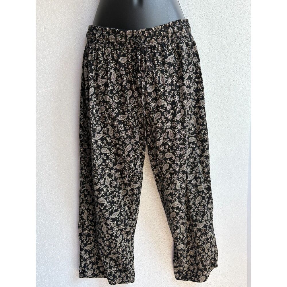 Max Black Pull On Paisley Crop Pants Size L 100% Cotton Boho Casual Relaxed